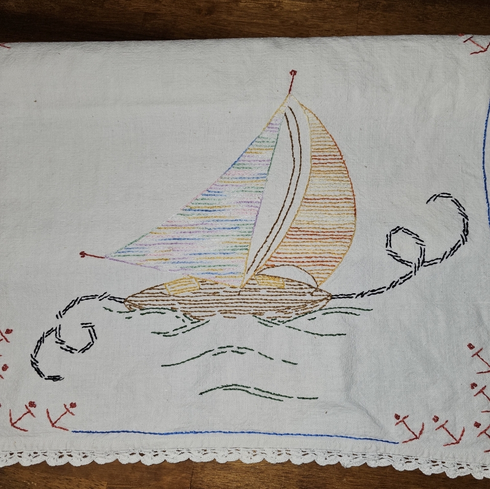Vintage, handstitched Sail Boat Table Runner.